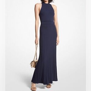 Michael Kors Ribbed Stretch Knit Halter Dress Black Size L NWT